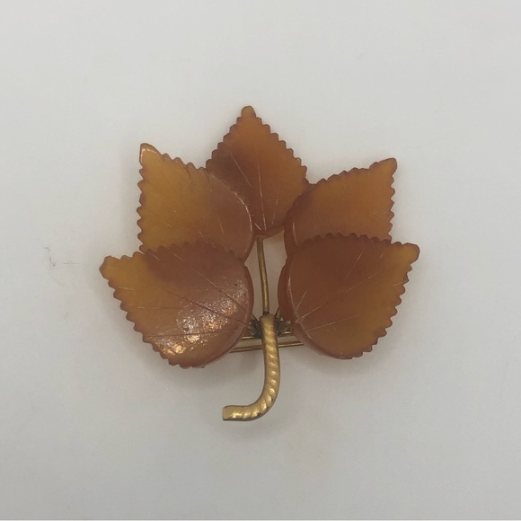 Vtg Kaliningrad Amber Gold Filled Leaves Brooch 2” - Picture 4 of 7